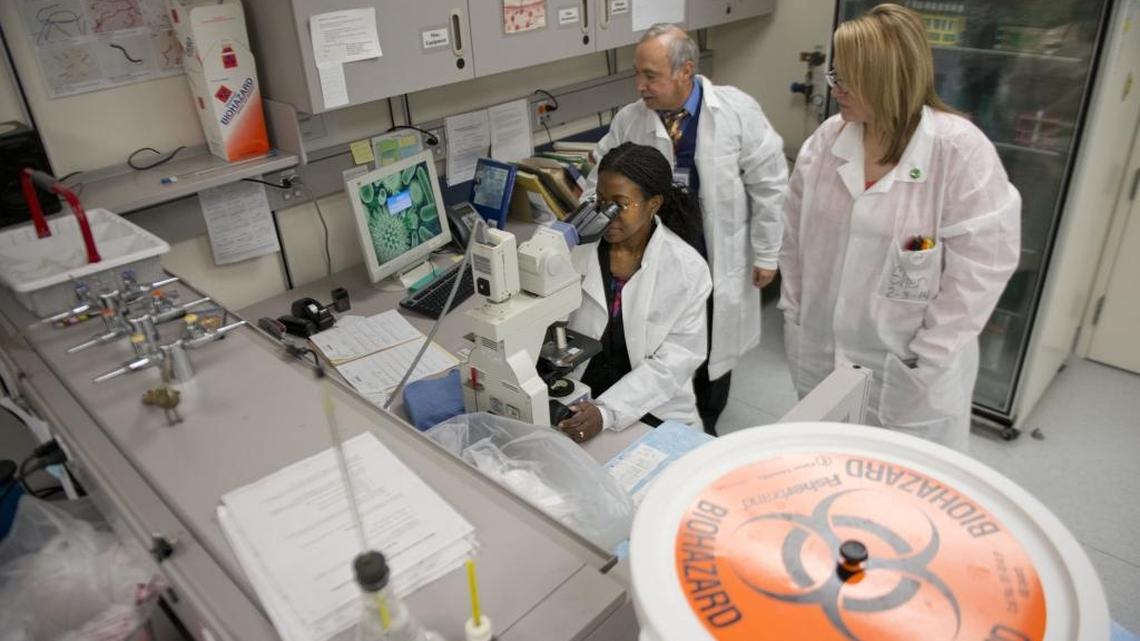 Dr. Olivia Kasirye, the Sacramento County Public Health Officer, looks at a specimen at the Sacramento County Public Health Laboratory with Dr. Anthony Gonzalez, Public Health Laboratory Director and Sheri Tomkins a Public Health Microbiologist on on Friday, Feb. 7, 2014. A proposed cut to the federal Prevention and Public Health Fund could jeopardize disease research and other public health efforts, officials said.