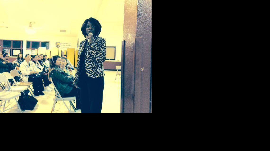 
Sacramento County public health officer Olivia Kasirye speaks to 80 parents at Florin High School on Monday. A student at the school was diagnosed with tuberculosis on Jan. 26.
