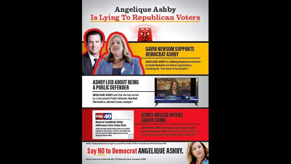 A mailer from Sacramento state Senate candidate Dave Jones targets Republican voters by attacking texts his opponent, Angelique Ashby, also sent to GOP residents. Ashby supporters have come after Jones for drawing attention to her endorsements from Gov. Gavin Newsom and the Feminist Democrats of Sacramento.