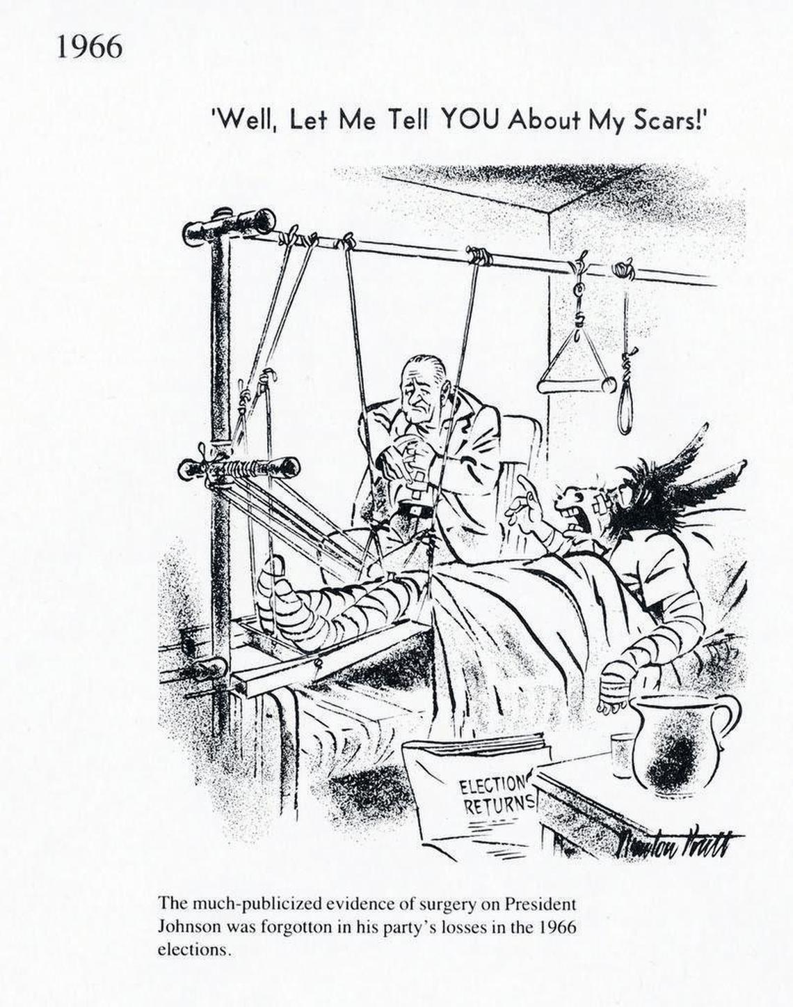 The much-publicized evidence of President Lyndon Johnson’s surgery was forgotten in his party’s losses in the 1966 elections. 1966 Sacramento Bee cartoon by Newton Pratt