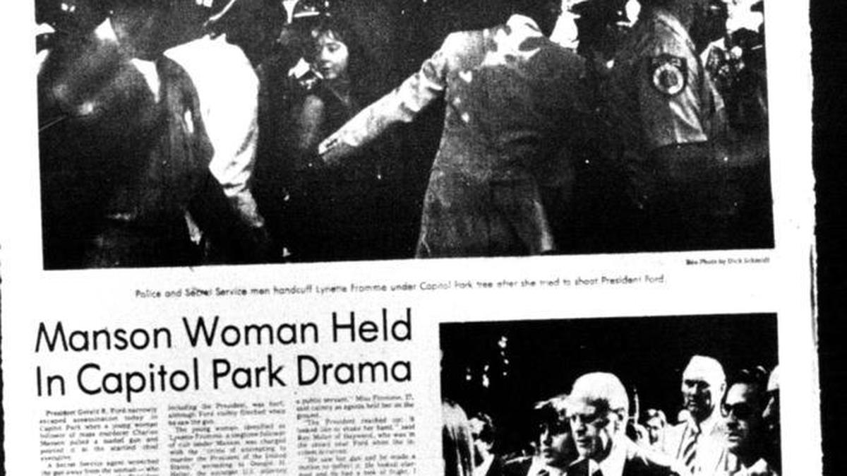 At 10:06 a.m. Sept. 5, 1975, in Capitol Park in Sacramento, Lynette Alice “Squeaky” Fromme pulled a Colt .45-caliber pistol from a leg holster, pointed it at President Gerald R. Ford, who was about 2 feet away shaking hands as he headed for a meeting with Gov. Jerry Brown, and pulled the trigger. The gun did not fire a round. Fromme was wrestled to the ground by a Secret Service agent, a Sacramento police officer and bystanders. The follower of cult leader and mass murderer Charles Manson was found guilty in federal court and sentenced to life in prison.
