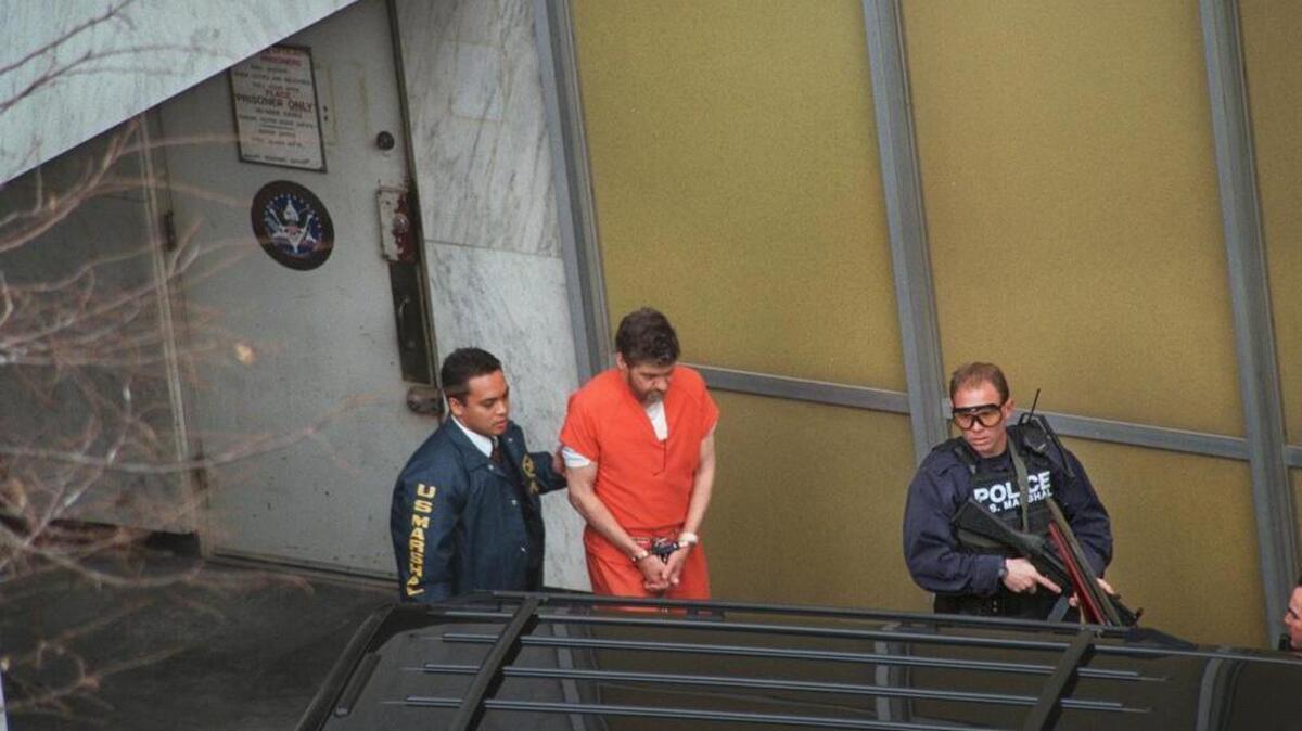 Theodore Kaczynski leaves the U.S. courthouse in Sacramento on Thursday, Jan. 8,1998, after appearing in court earlier in the morning.