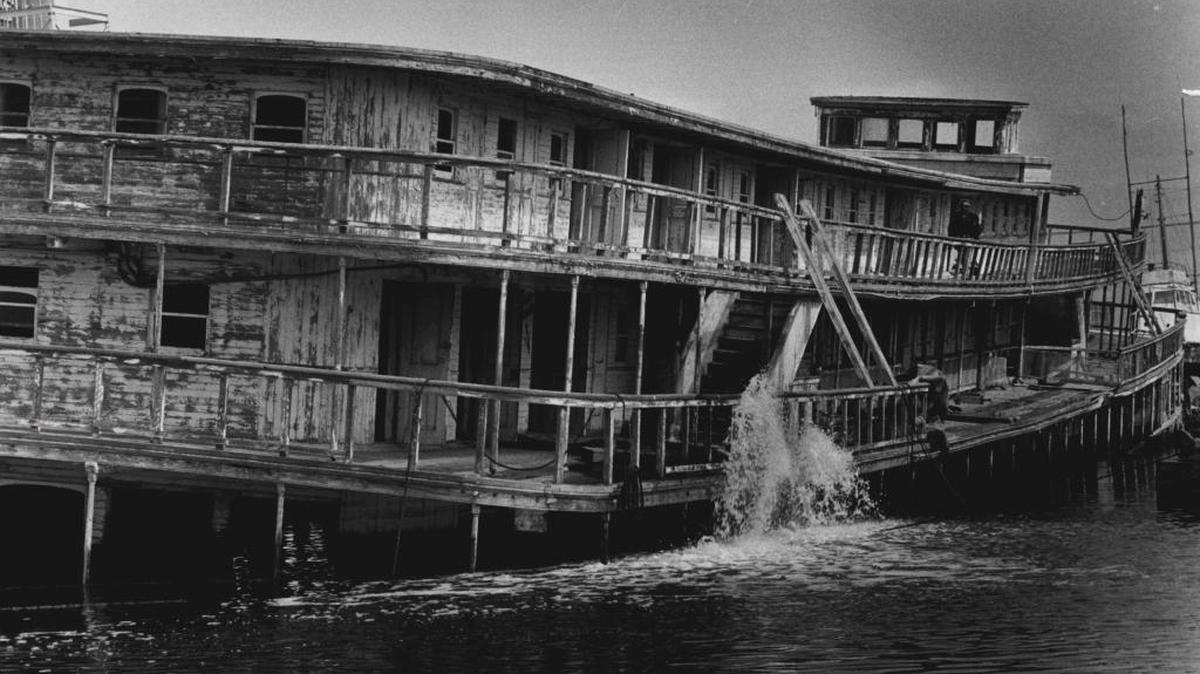 Pumps attempt to refloat the Delta King at a shipyard in Richmond on June 2, 1982. Seven years later, a grand opening for the renovated historical vessel took place in Old Sacramento.