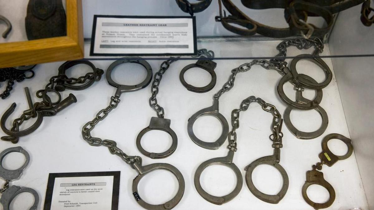 
A collection of leg restraints that were used at Folsom prison are displayed at the Folsom Prison Museum. Gov. Jerry Brown signed Assembly Bill 166 on Aug. 17, which allows the Department of General Services and the California Department of Corrections and Rehabilitation to enter a lease for an expanded museum next to Folsom prison.
