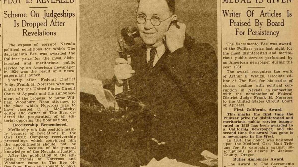 The May 7, 1935, Sacramento Bee front page announces the paper’s winning of the Pulitzer Prize for public service. Pictured on the phone is associate editor Arthur B. Waugh, who wrote the winning series.