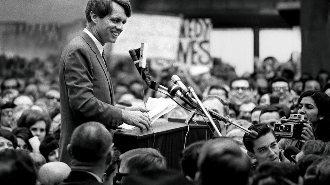 Robert F. Kennedy makes a campaign stop at a political rally in Sacramento's Florin Mall March 23, 1968 -- three months before he was assassinated -- during his quest for the presidency.