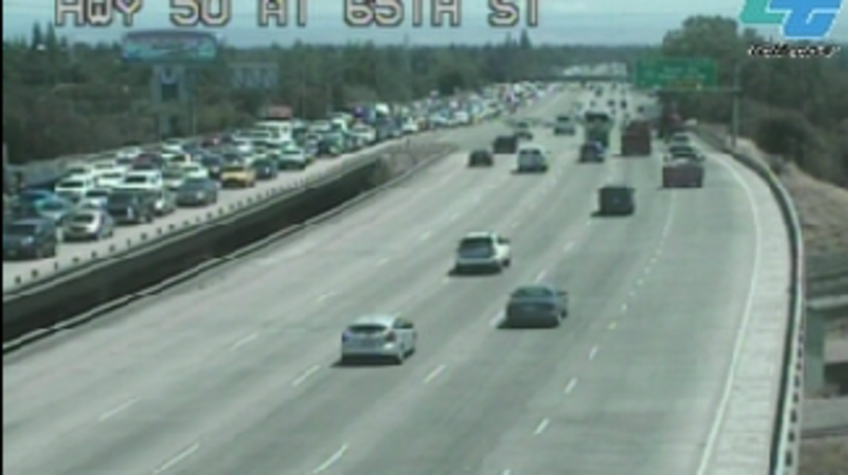 A Caltrans traffic camera shows the backup on Highway 50.