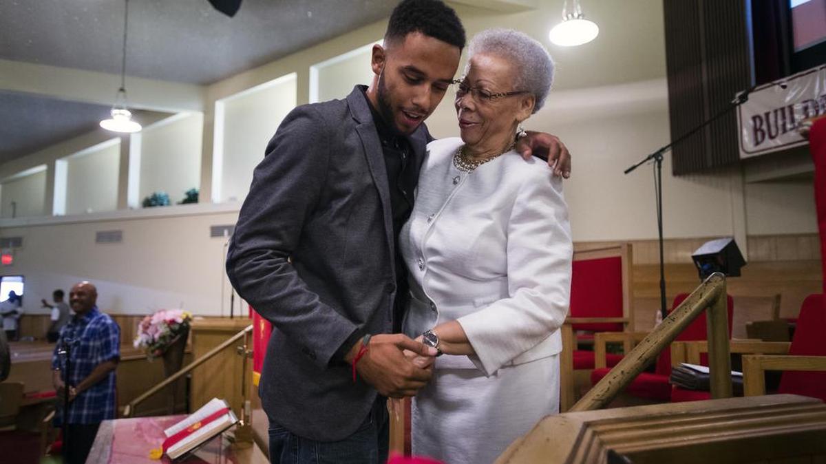 
Anthony Sadler Jr. hugs his grandmother, Imogene Sadler, for the first time since arriving in Sacramento during the church service at the Shiloh Baptist Church on Sunday. Anthony Sadler Jr. was traveling with childhood friends Alek Skarlatos and Spencer Stone when they tackled and disarmed a gunman on a high-speed train between Amsterdam and Paris.
