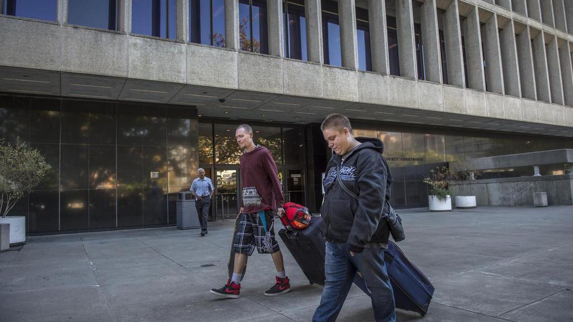 Jon Athanstill and Haley Ormsby, who said they’ve been homeless since April, leave the Sacramento Courthouse during a break from a lawsuit against homeless camping in Sacramento. Ormsby said that they haven’t been harassed for sleeping on the street.