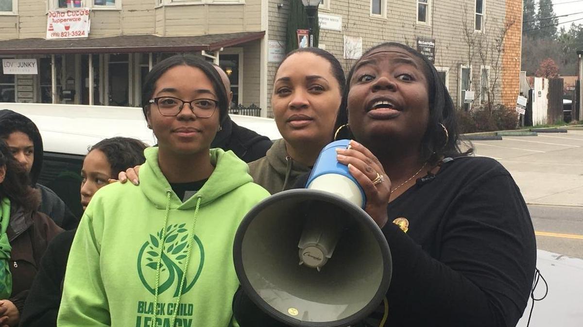 Pleasant Grove senior Rachael Francois, Elk Grove salon owner Sharie Thompson and Black Lives Matter member Sonia Lewis at an MLK day march organized to draw attention to race issues in the community south of Sacramento.