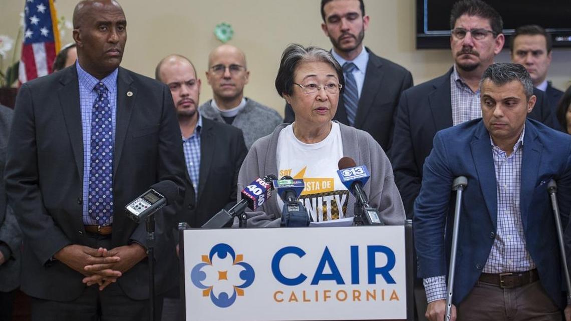 Christine Umeda, who was interned during World War II, speaks about her experience during a news conference responding to anti-immigration executive orders by President Donald Trump at Salam Islamic Center on Thursday Jan. 26, 2017, in Sacramento, Calif. From left, Assemblyman Jim Cooper, Umeda, CAIR Sacramento Valley Executive Director Basim Elkarra, Sacramento County Supervisor Phil Serna and Waseem Bawa, chairperson of Salam Center and board member of the Council of Sacramento Valley Islamic Organizations, share the podium.