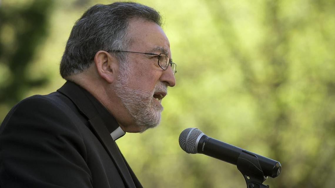 Roman Catholic Bishop of Sacramento Rev. Jaime Soto speaks to members of the press on the steps of the Cathedral of the Blessed Sacrament in Sacramento on Wednesday, March 23, 2016.