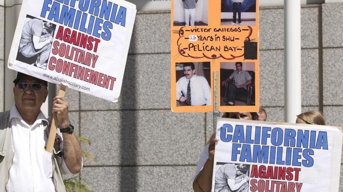 
Demonstrators stage a rally against solitary confinement in California’s prison system on Tuesday at the Elihu Harris State Building in Oakland.
