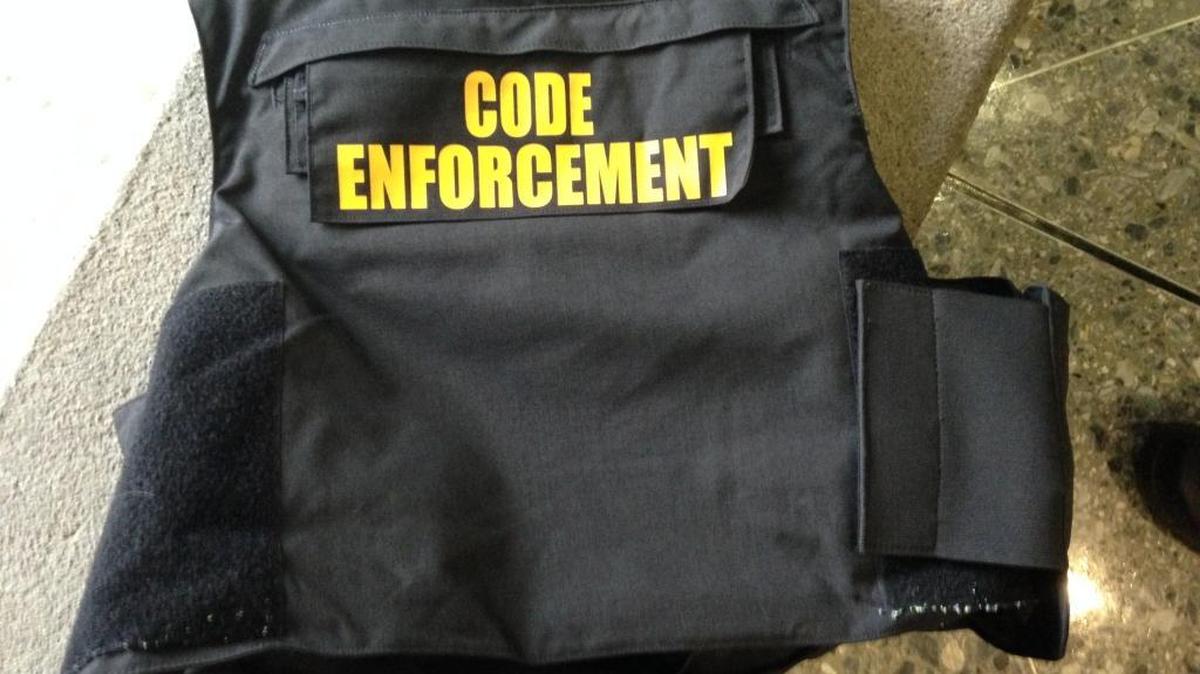 A bullet-proof vest worn by a Sacramento County code enforcement officer.