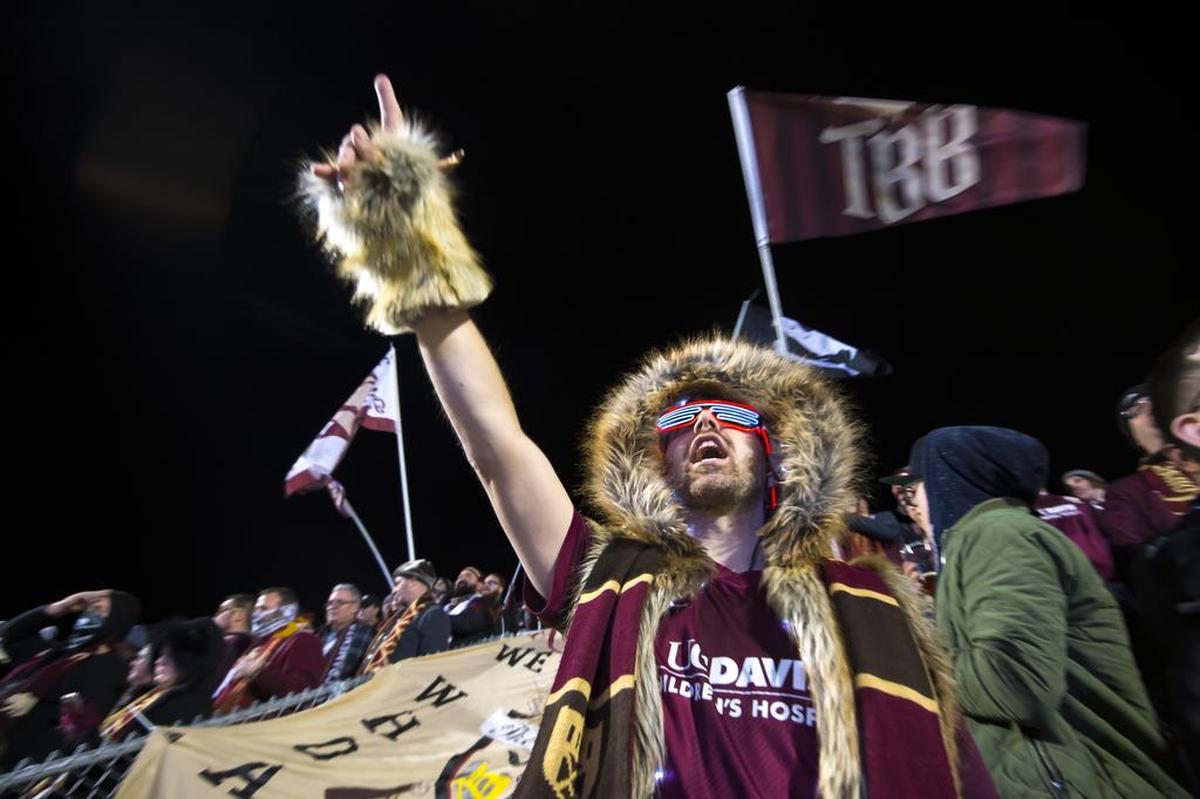 Tower Bridge Battalion member Rave Bear yells during the Sacramento Republic FC friendly match against the Seattle Sounders at Papa Murphy Field, Thursday Feb 15, 2018.