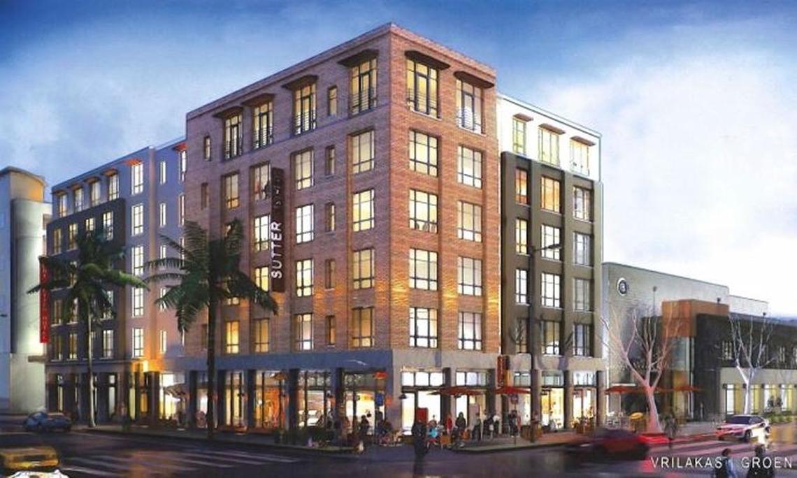 An architectural drawing shows the planned, six-story Fort Sutter Hotel at 28th Street and Capitol Avenue in midtown Sacramento.