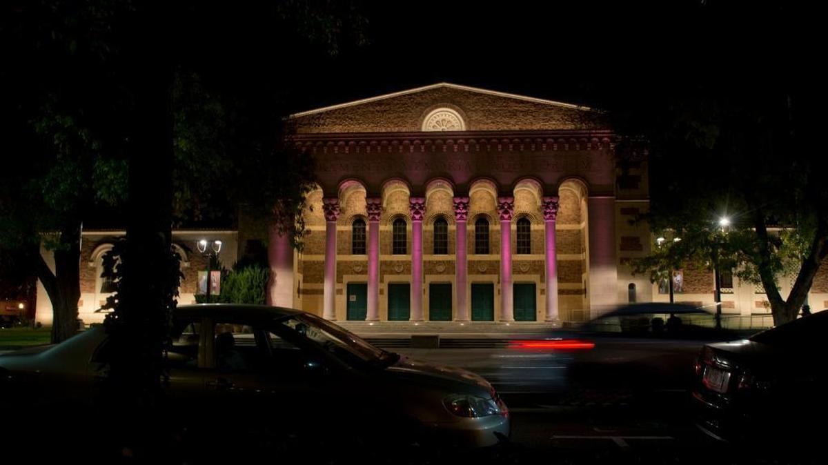 The Memorial Auditorium, slightly lit in purple on Tuesday night, October 29, 2013. Various buildings and store fronts in Sacramento were lit in purple in support of the Sacramento Kings and the opening of the NBA season.