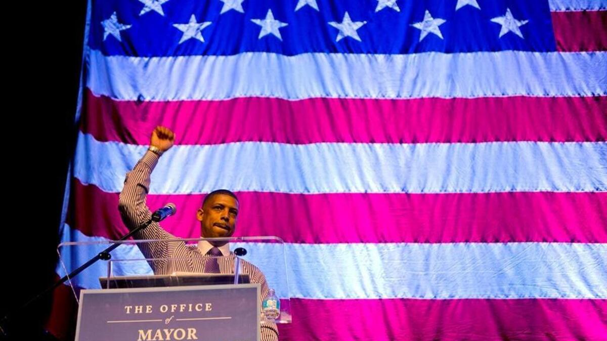 Sacramento Mayor Kevin Johnson finishes his 2013 State of the City speech at Memorial Auditorium. The annual event will be moved to the Crest Theatre for 2016.