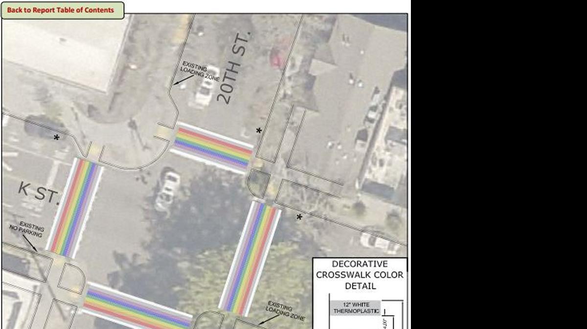 
An aerial map shows the location of rainbow crosswalks planned for Lavender Heights in midtown Sacramento.
