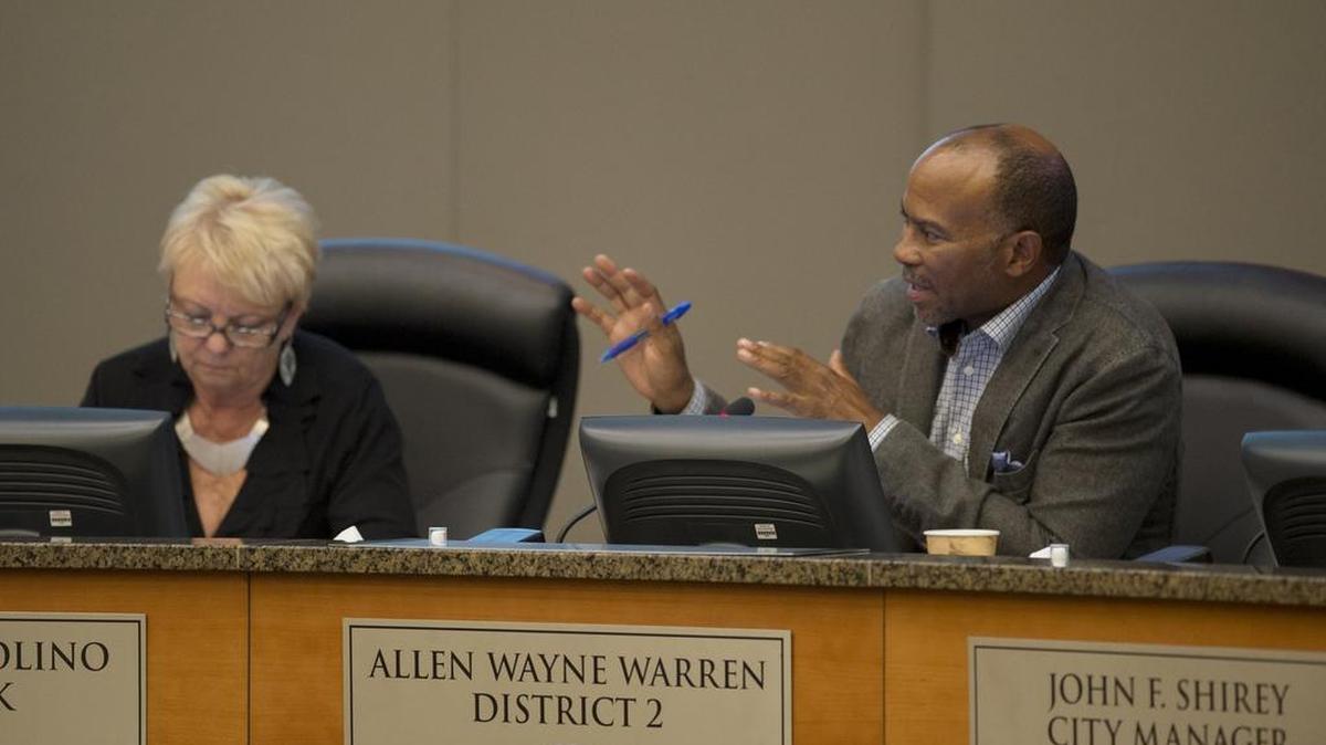 
Sacramento City Councilman Allen Warren speaks at a City Council meeting on May 12. Warren has been accused of sexual harassment by a former staff aide.
