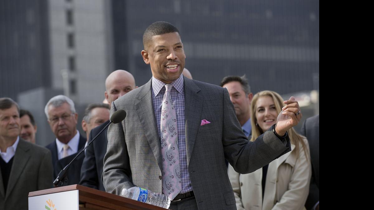 
Sacramento Mayor Kevin Johnson speaks to reporters during the formal launching of the Greater Sacramento Area Economic Council. The press event was held at the arena construction site, with the mayor and others local dignitaries.
