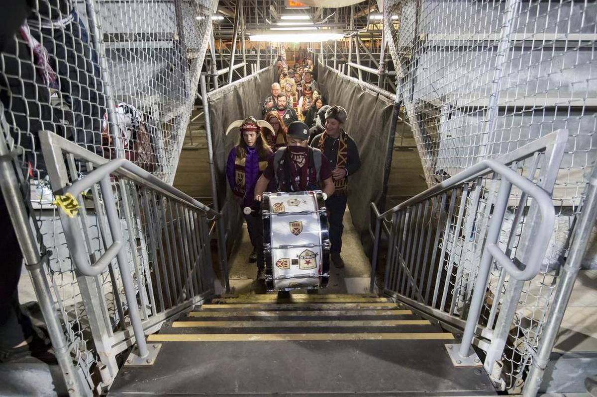 The Tower Bridge Battalion enter the stadium as the Sacramento Republic FC host the Seattle Sounders in a friendly match at Papa Murphy Field, Thursday Feb 15, 2018.
