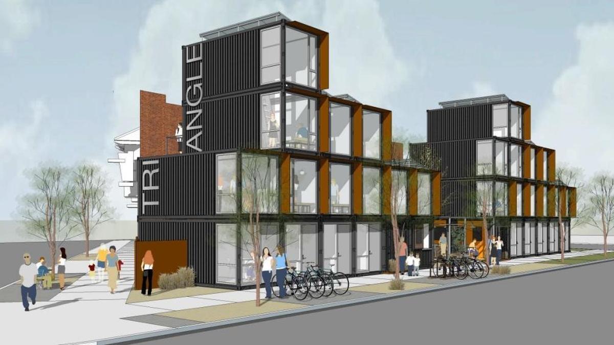 An architectural drawing shows the proposed Triangle Work Space Development project at 34th Street and Broadway in Oak Park. The building would feature up to 30 small work spaces made out of shipping containers.