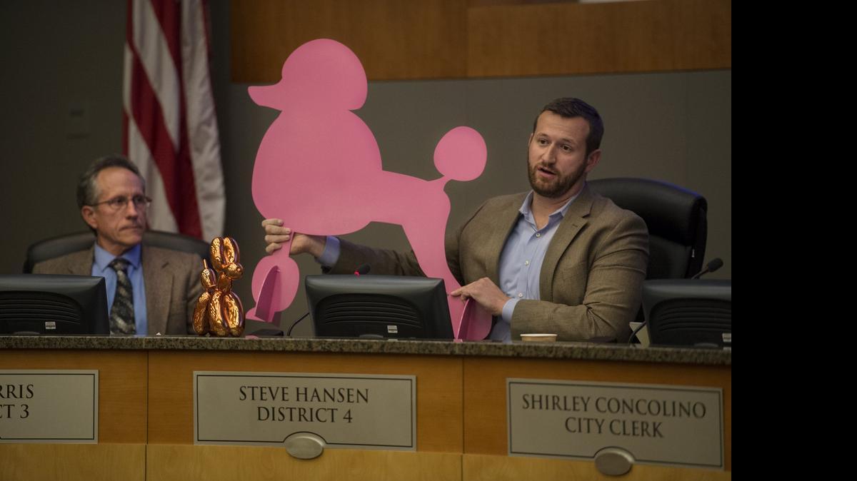 
Councilman Steve Hansen holds up a piece of local art he purchased next to the smaller Jeff Koons piece he bought at the Crocker Art Museum during council discussion of the proposed purchase of the Jeff Koons art piece in March at the Sacramento City Council meeting.
