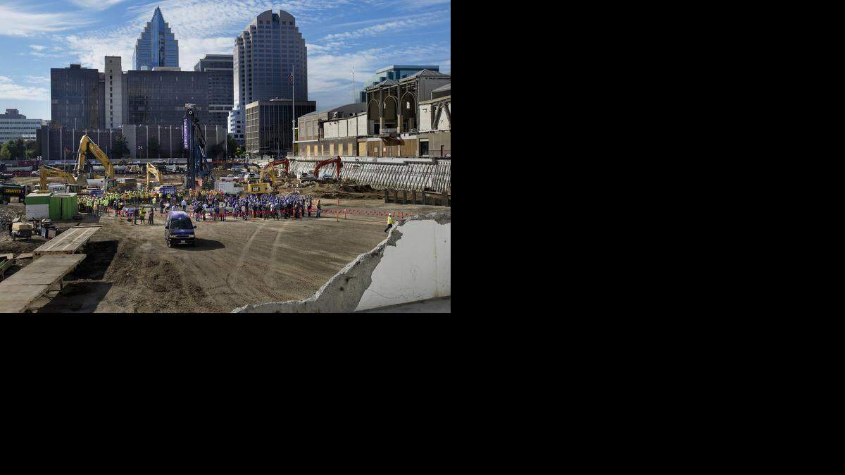 
Local dignitaries gather for a groundbreaking ceremony for the new downtown arena in Sacramento in October.
