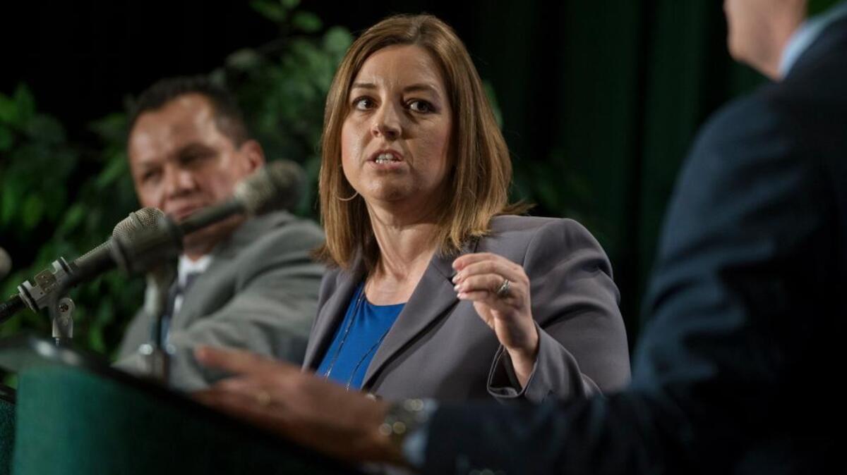 Mayoral candidate Angelique Ashby challenges Darrell Steinberg during Monday’s mayoral debate at the University Union Ballroom at Sacramento State University, May 9, 2016
