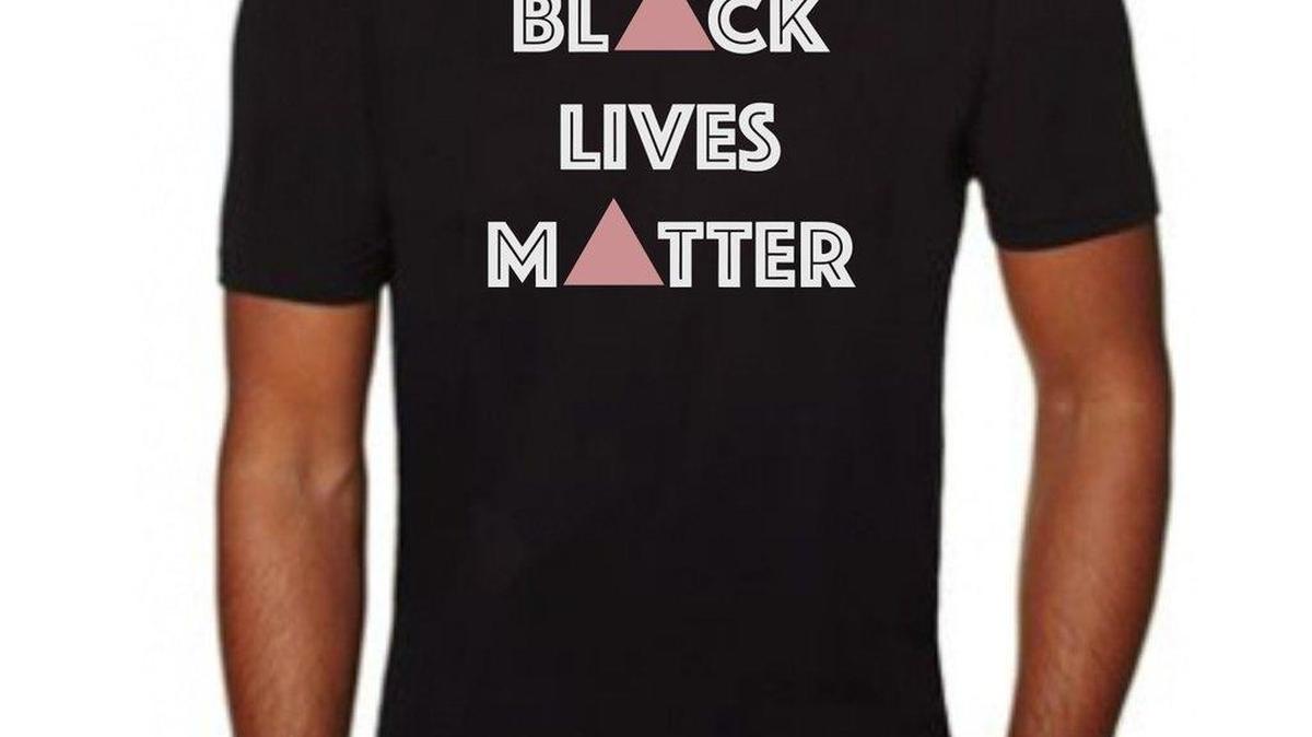 A model of the Black Lives Matter shirt designed by local LGBT activists. The pink triangle is a symbol of gay pride and gay rights.