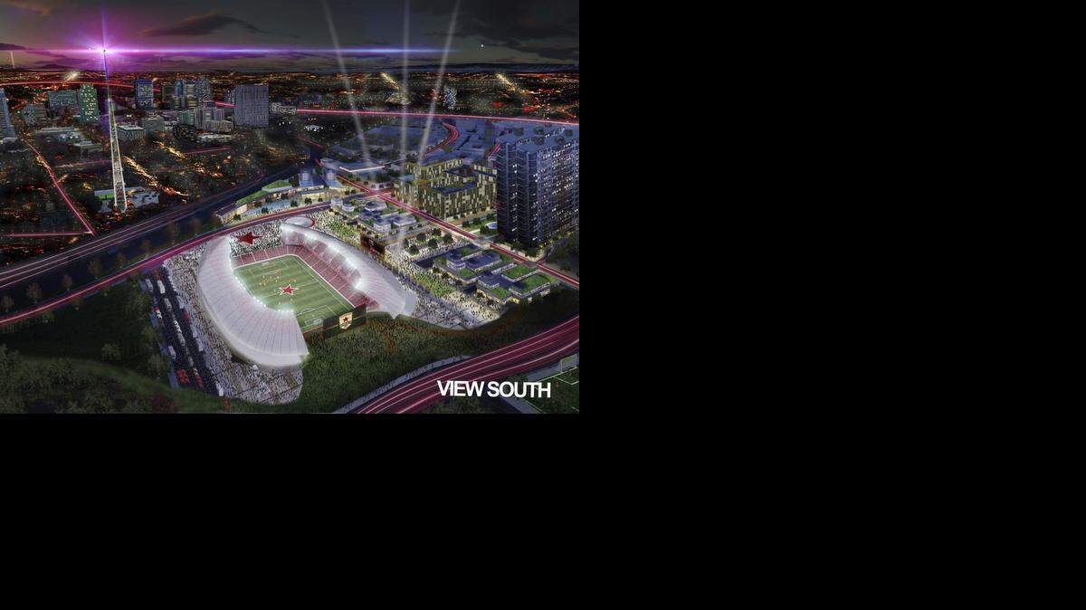 
A drawing shows what a Major League Soccer stadium in the downtown Sacramento railyard would look like.
