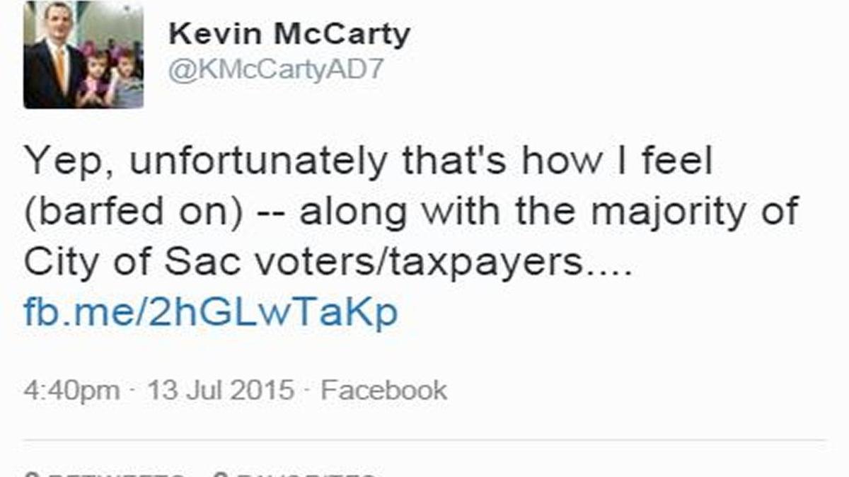 
A screen grab from Twitter shows Assemblyman Kevin McCarty’s true feelings about Sacramento’s arena deal.
