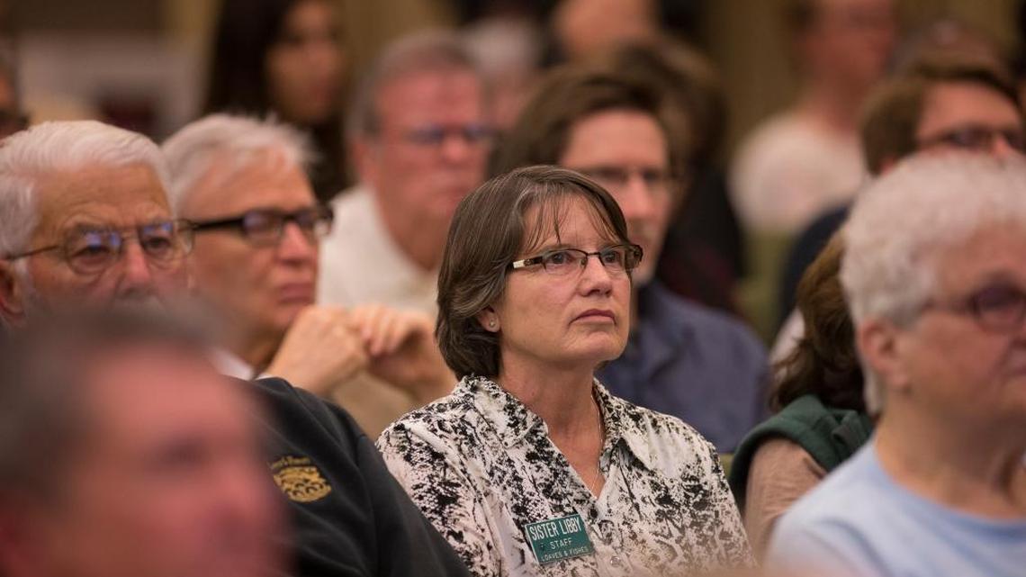 Sister Libby Fernandez of Loaves and Fishes in Sacramento listens to speakers at a City Council subcommittee’s meeting on homelessness. The meeting on Monday, Feb. 29, 2016, discussed service programs and potential for creating a city-sanctioned camp.