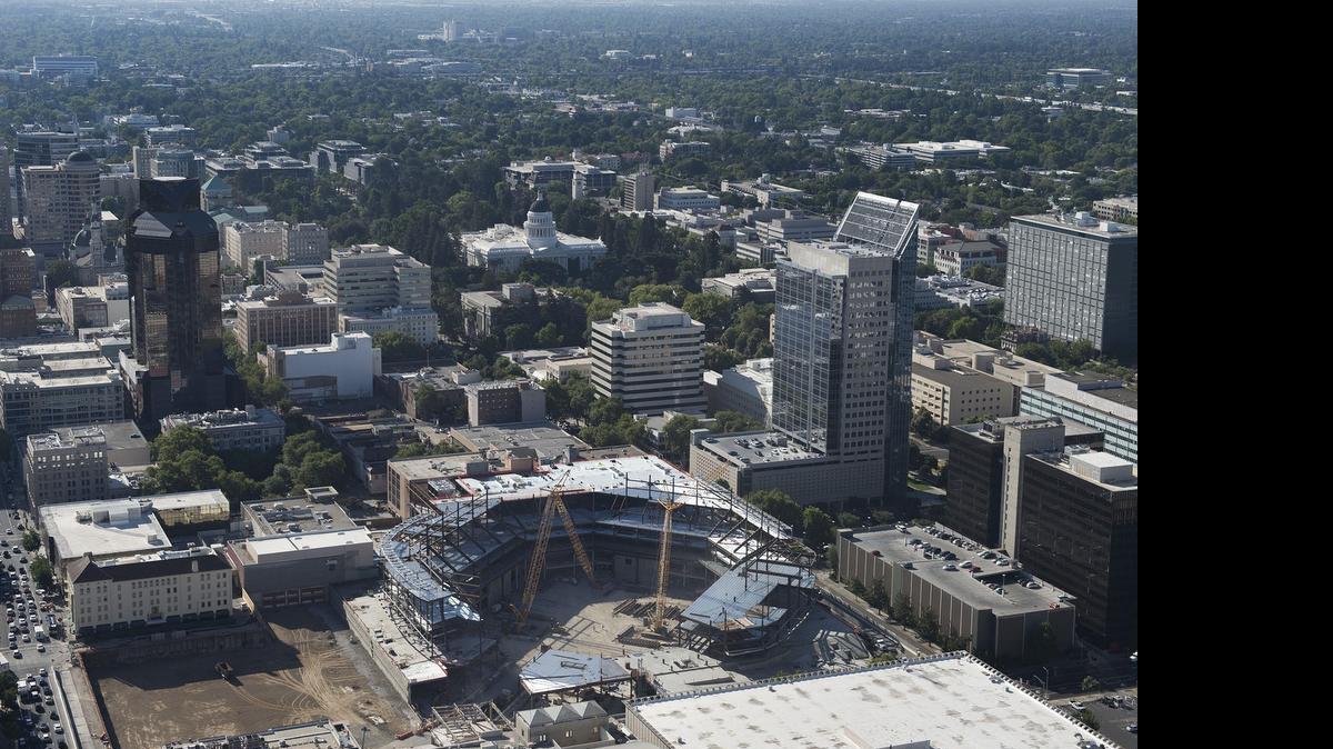 
Golden 1 Center construction progresses in downtown Sacramento last month.


