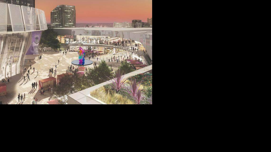 
An artist’s rendering shows a Jeff Koons sculpture in his “Coloring Book” series in the public plaza outside the Kings’ new downtown sports arena. 
