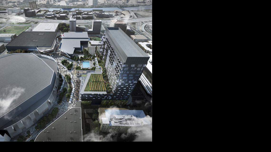 
A new drawing released by the Sacramento Kings on Friday shows a planned hotel and residential tower at right, next to the site of a sports arena, left, being built at Downtown Plaza in Sacramento. The development will include retail shops, restaurants and a possible rooftop garden. 
