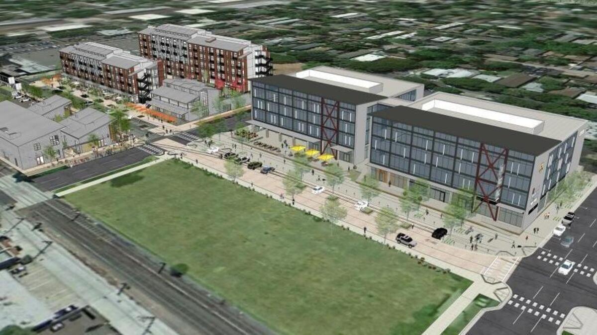 A conceptual rendering shows a view of the revised project for the Ice Blocks site, after the demolition of structures that were damaged by fire.