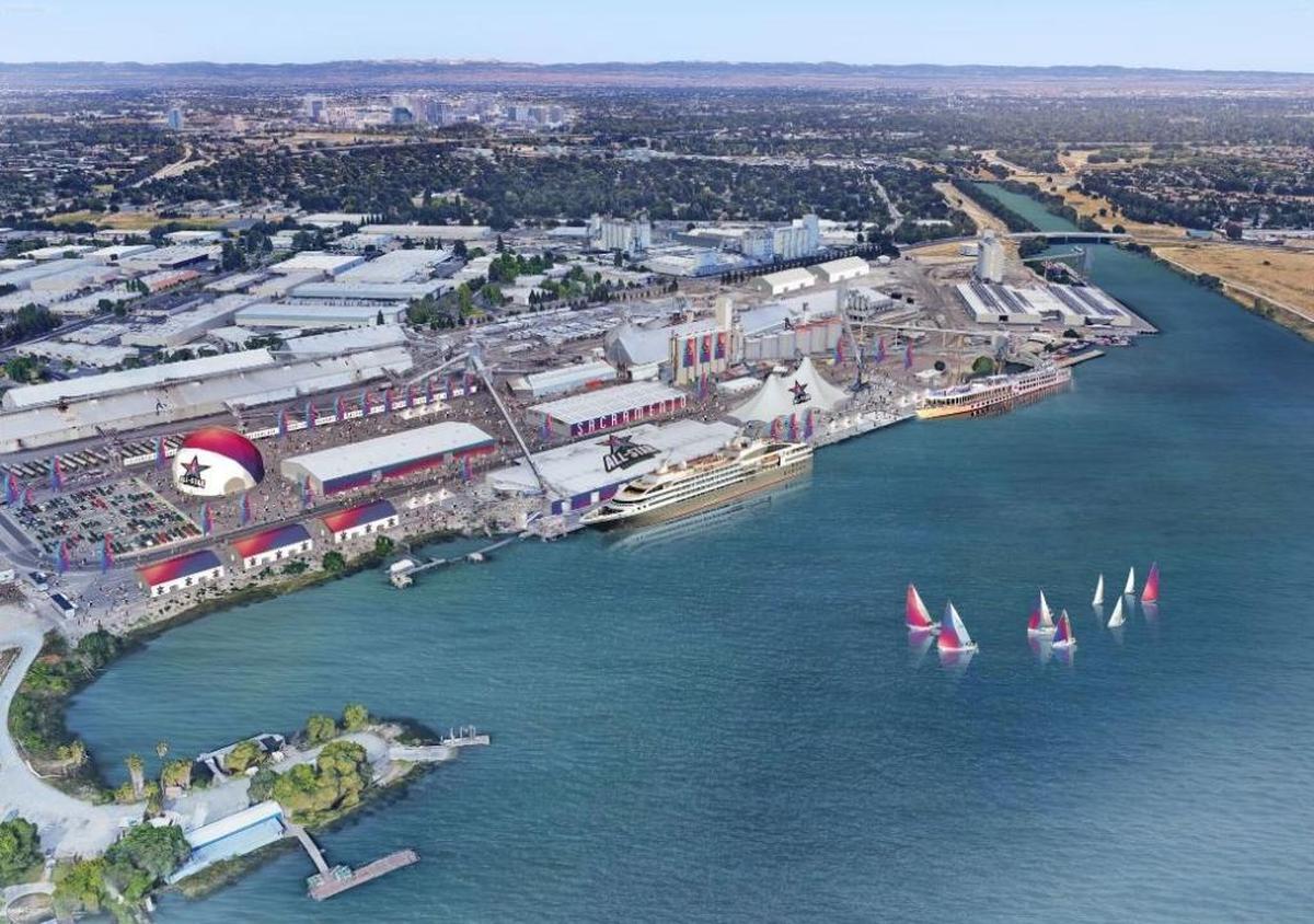 A conceptual drawing shows a revamped Port of Sacramento with entertainment venues and cruise ships holding thousands of guests attending an NBA All-Star Game in Sacramento.