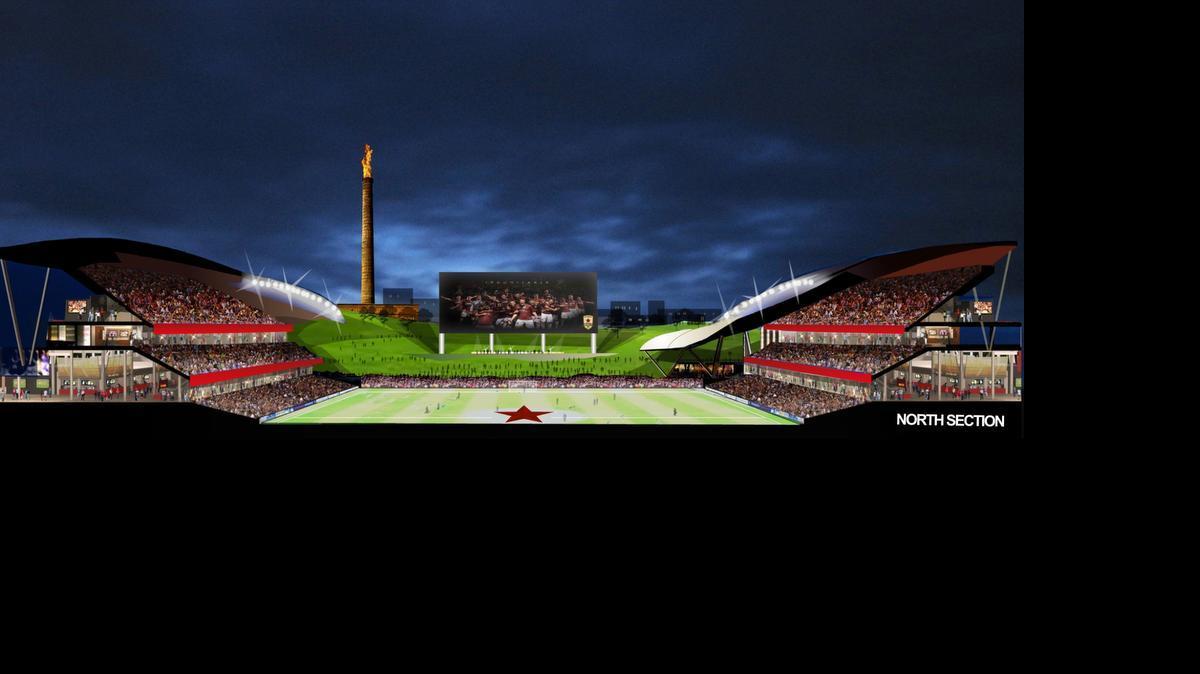 
An artist’s rendering shows what a Major League Soccer stadium in Sacramento’s downtown railyard could look like.
