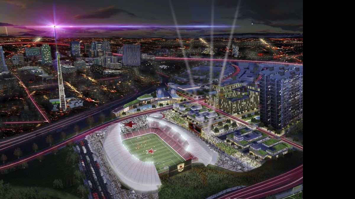 
A rendering shows what a soccer-specific stadium in Sacramento’s downtown railyard could look like.
