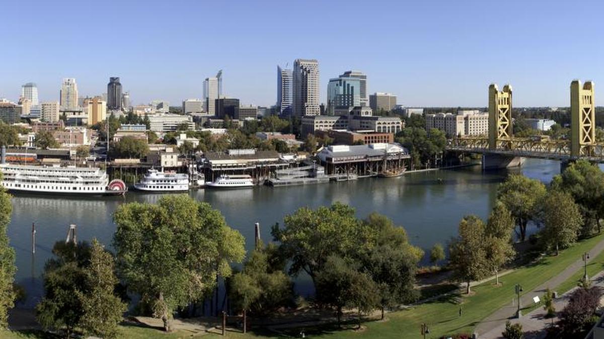The downtown skyline of Sacramento shot from across the Sacramento River from the ziggurat building on Tuesday October 9, 2012 in Sacramento. This is a composite photograph made from six digital images.