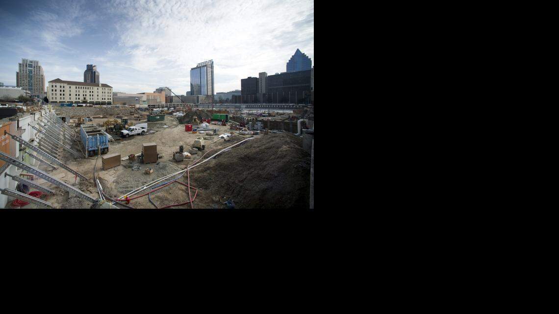 
Construction crews work on the Sacramento Kings arena project earlier this year.
