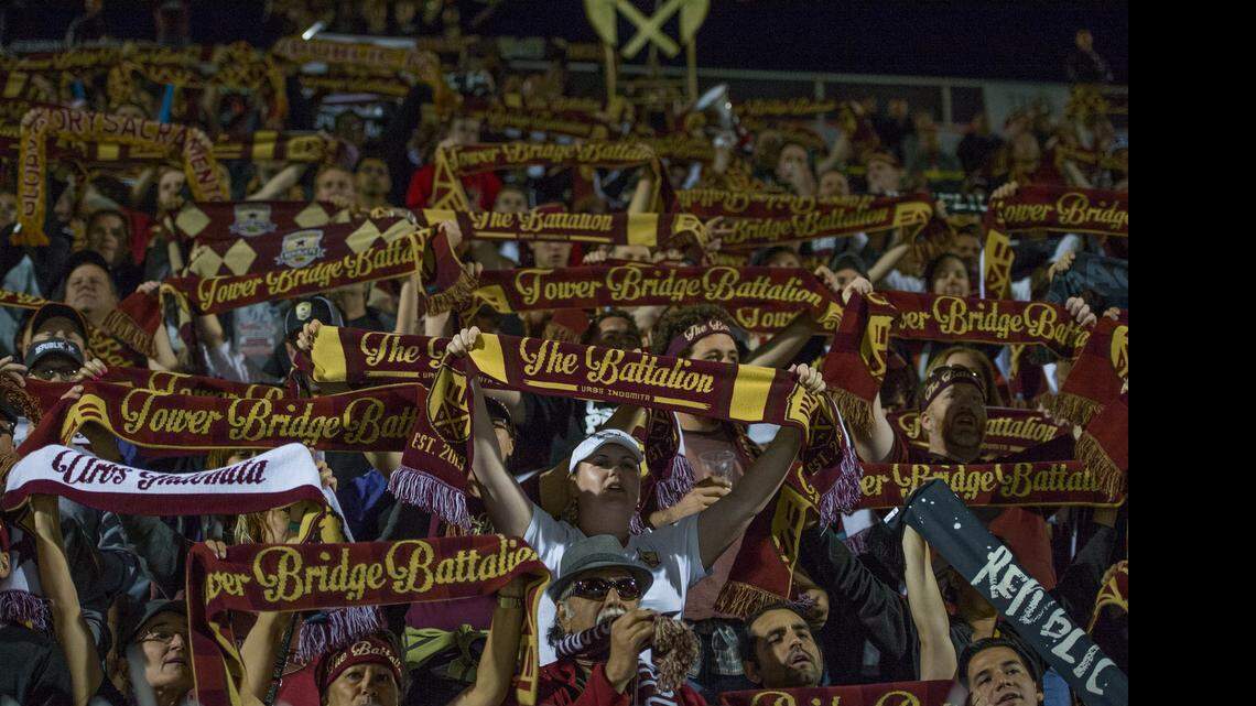 
Sacramento Battalion fans cheer for Republic FC in the first half on April 15 in a game against Vancouver.
