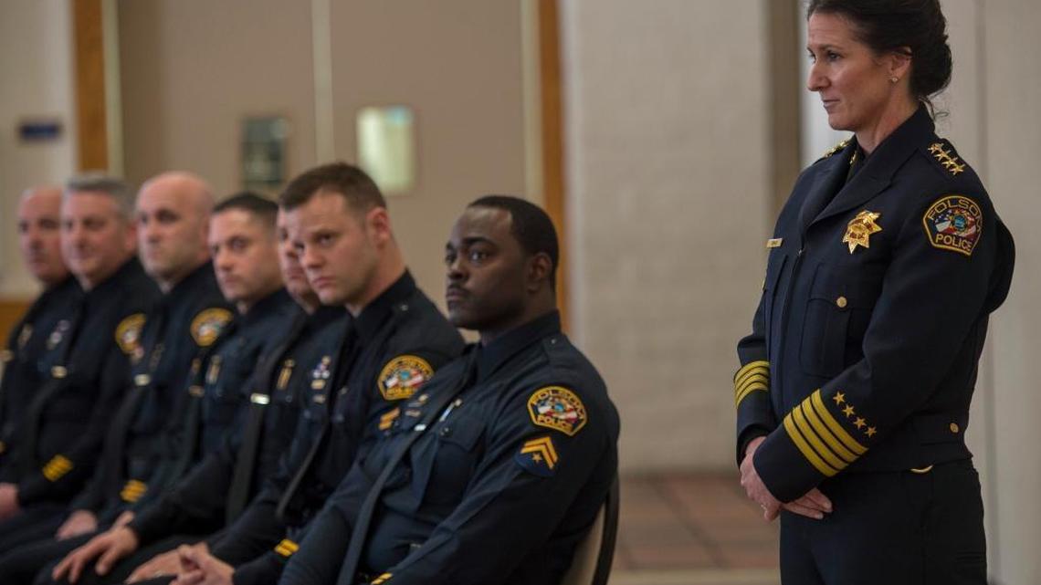 Folsom Police Chief Cynthia Renaud waits to take the podium before a ceremony to promote seven police officers on Feb. 1, 2018.