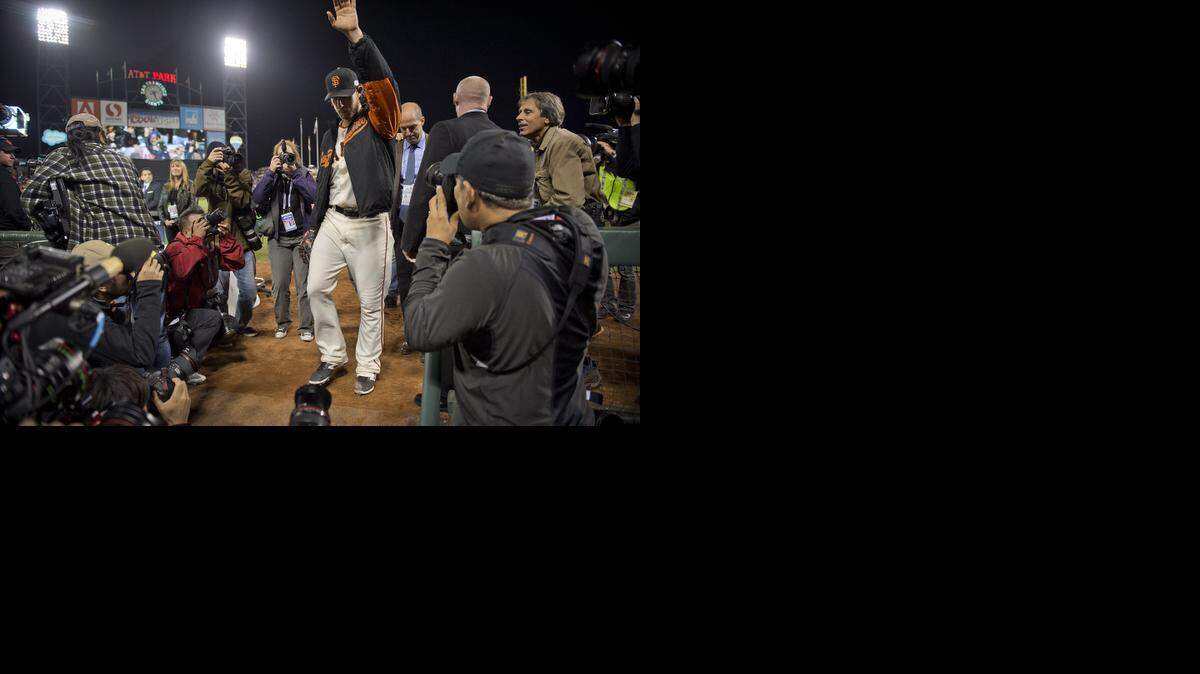 
Giants starting pitcher Madison Bumgarner  waves to fans Sunday after Game 5 of the World Series in San Francisco.
