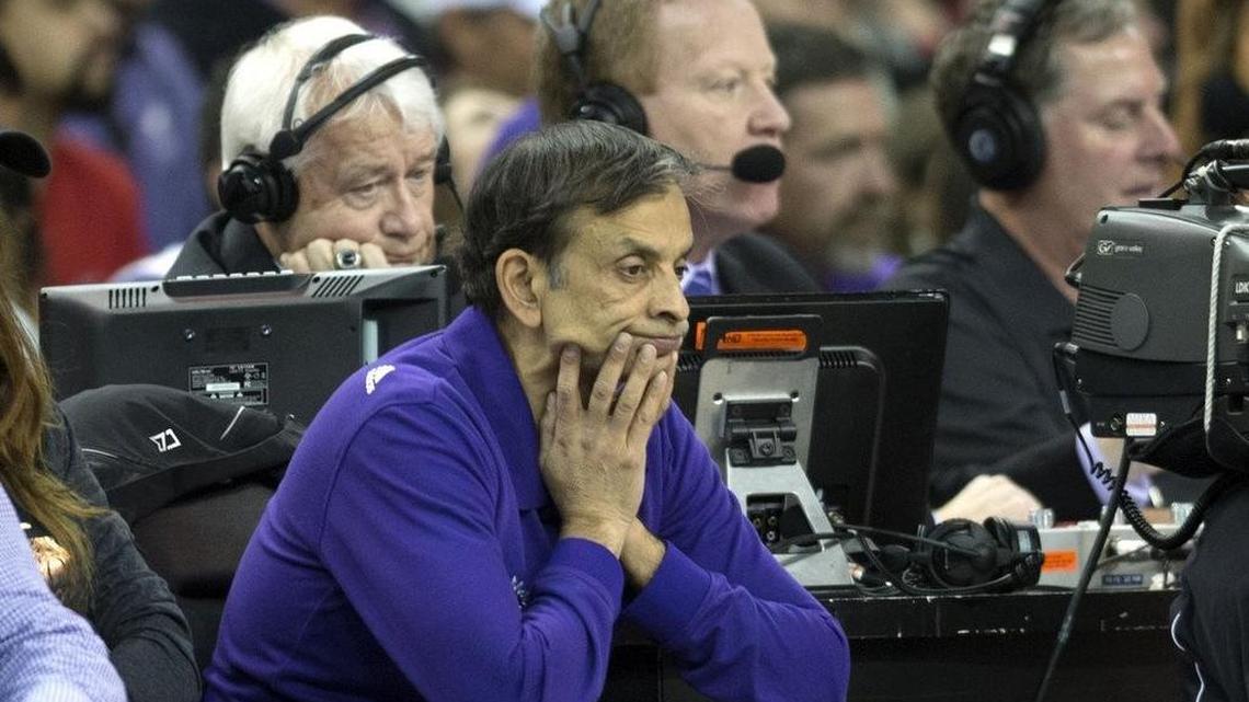 Sacramento Kings owner Vivek Ranadive sits at half court as the Kings keep the game close against the Lakers before before winning 102-92 on Monday, April 13, 2015 at Sleep Train Arena in Sacramento, Calif.