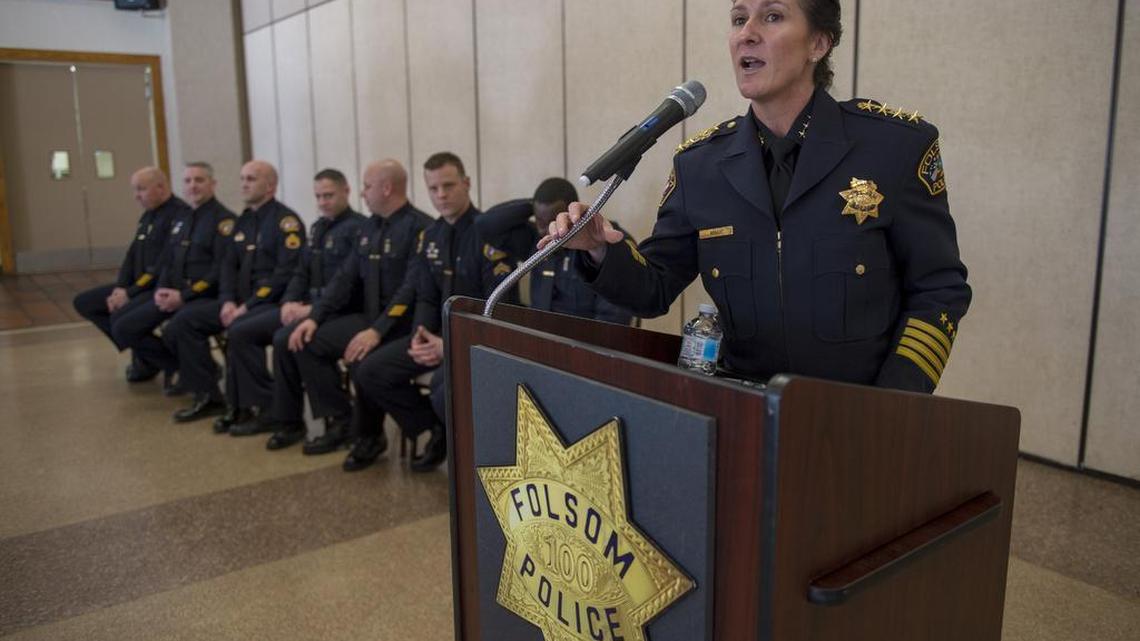 Folsom Police Chief Cynthia Renaud takes the podium before a ceremony to promote seven police officers on Feb. 1, 2018.