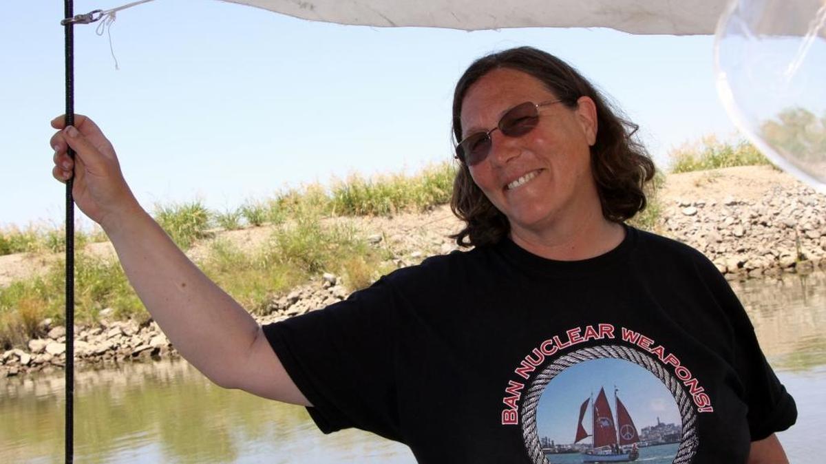 Helen Jaccard, manager of the Veterans for Peace Golden Rule project, stands aboard the Golden Rule. The boat will be in Old Sacramento Sunday promoting nuclear disarmament.