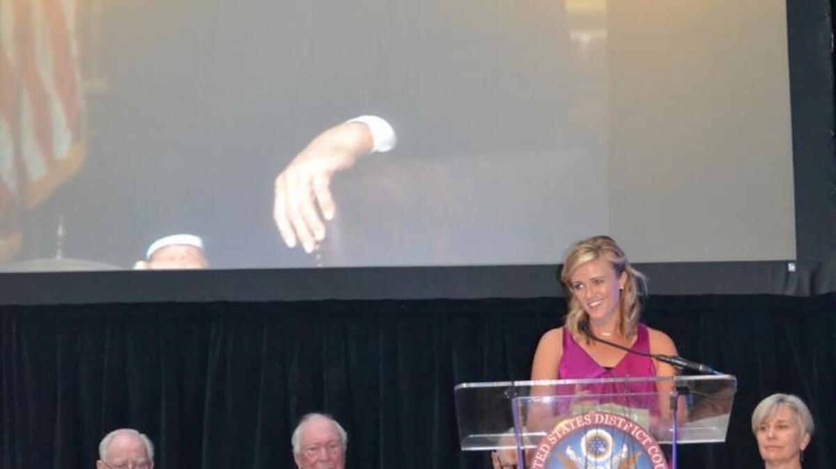 
Emily Williams addresses a memorial gathering for her father, U.S. District Judge Lawrence K. Karlton, at the federal court house Tuesday. Other speakers included, from left, Justice Cole Blease of Sacramento’s 3rd District Court of Appeal, Judge Stephen R. Reinhardt of the 9th U. S. Circuit Court of Appeals, U.S. District Judge William B. Shubb (partially hidden) and Haven Gracey, a longtime staff attorney for Karlton.
